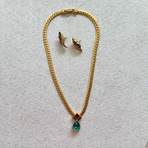 Swarovski necklace & earrings set colorful stones and gold chain.